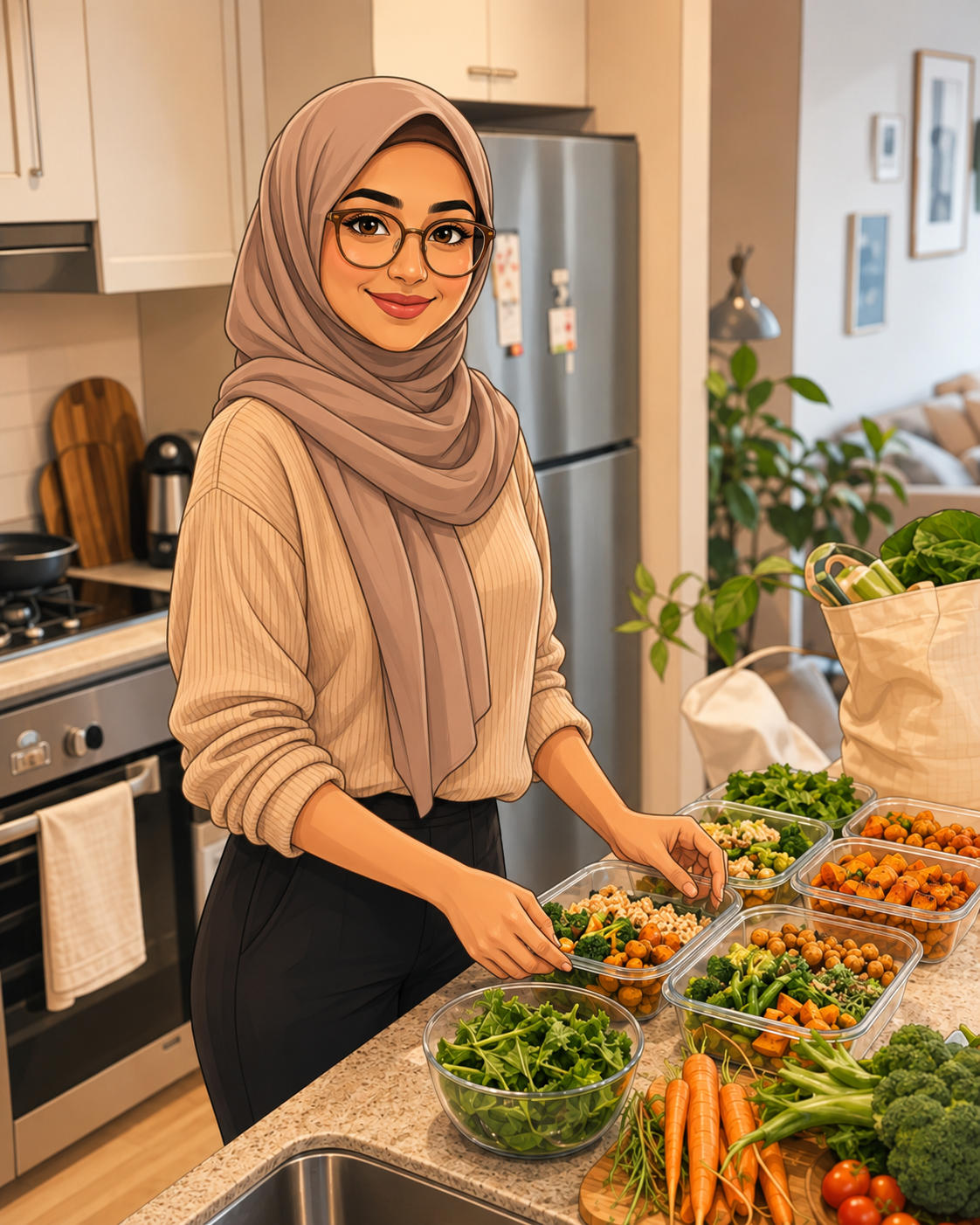 Rifah prepping the week's meals into containers in her kitchen
